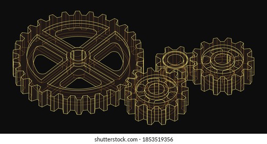 Isometric 3d drawing of gears. Yellow lines on a black background. Vector illustration. Editable strokes.