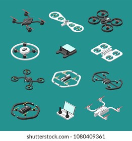 Isometric 3d drones. Uav unmanned aircrafts vector set. Illustration of quadrocopter remote, transport quadcopter equipment