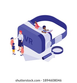 Concepto de educación 3d isométrica con lentes de realidad virtual y estudio de ilustraciones vectoriales de estudiantes