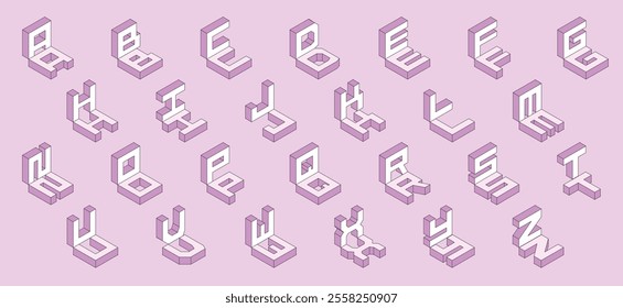 Isometric 3d effect letters alphabet. Isometric font at different angles. Isometric 3d font, three-dimensional alphabet letters with shadows, vector illustration.