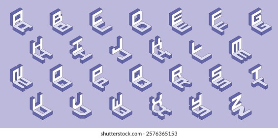 Isometric 3d effect letters alphabet. Isometric font at different angles. Isometric 3d font, three-dimensional alphabet letters with shadows, vector illustration.