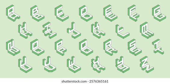 Isometric 3d effect letters alphabet. Isometric font at different angles. Isometric 3d font, three-dimensional alphabet letters with shadows, vector illustration.