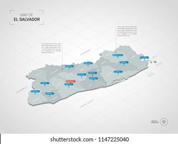 Isometric  3D El Salvador
 map. Stylized vector map illustration with cities, borders, capital San Salvador , administrative divisions and pointer marks; gradient background with grid. 
