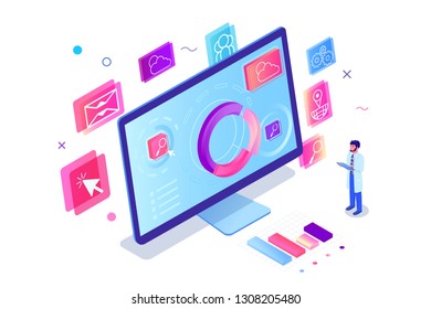 Isometric 3d engineer man with computer with diagram, app, map, search, wearth, post and social. Concept programmer is testing new technology. Low poly. Vector illustration.