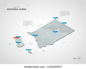 Isometric  3D Equatorial Guinea
 map. Stylized vector map illustration with cities, borders, capital Malabo , administrative divisions and pointer marks; gradient background with grid. 
