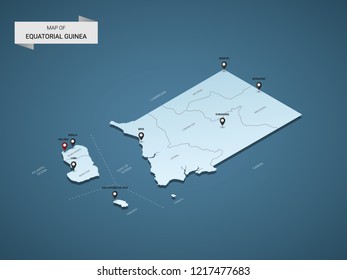 Isometric 3D Equatorial Guinea map,  vector illustration with cities, borders, capital, administrative divisions and pointer marks; gradient blue background.  Concept for infographic.