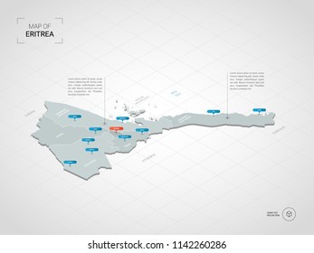 Isometric  3D Eritrea map. Stylized vector map illustration with cities, borders, capital Asmara , administrative divisions and pointer marks; gradient background with grid. 
