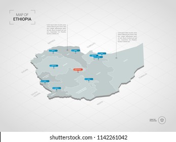 Isometric  3D Ethiopia map. Stylized vector map illustration with cities, borders, capital Addis Ababa , administrative divisions and pointer marks; gradient background with grid. 

