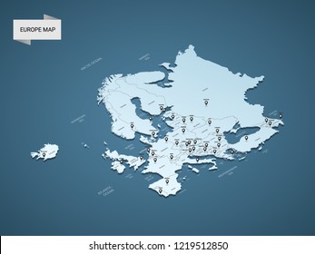 Isometric 3D Europe map,  vector illustration with cities, borders, capital, administrative divisions and pointer marks; gradient blue background.  Concept for infographic.
