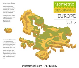 Isometric 3d Europe physical map constructor elements isolated on white. Build your own geography infographics collection. Vector illustration