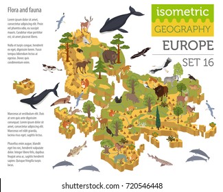 Isometric 3d European flora and fauna map constructor elements. Animals, birds and sea life isolated on white big set. Build your own geography infographics collection. Vector illustration