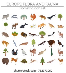 Isometric 3d European flora and fauna map constructor elements. Animals, birds and sea life isolated on white big set. Build your own geography infographics collection. Vector illustration