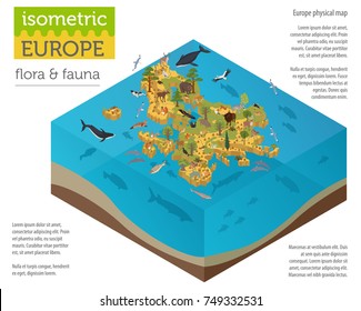 Isometric 3d European flora and fauna map constructor elements. Animals, birds and sea life isolated on white big set. Build your own geography infographics collection. Vector illustration