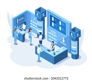Isometric 3d exposición demostración stand de promoción. Pieza de exposición de información educativa o promocional con la ilustración vectorial de consultor expo. Concepto de centro de exposiciones. Información de promoción de base