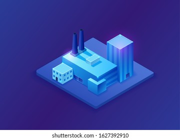 Isometric 3d factory, blue neon glowing plant, flat vector illustration of production building