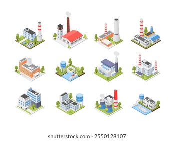 Isometric 3d factory. Industrial buildings, factories water purification station, warehouses. Urban building with pipes, different facilities flawless vector set