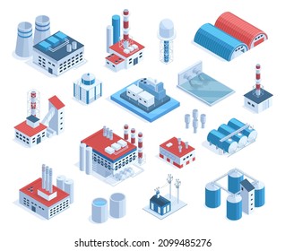 Isometric 3d factory, plant, mill buildings, industrial pipes and warehouse. Production plant buildings, industrial facilities vector illustration set. Factory structures with modern technologies