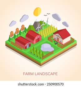 Isometric 3d Farm Landscape. Vector illustration.