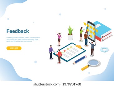 isometric 3d feedback business rating star concept with team people and checklist clipboard for website template landing homepage banner - vector illustration