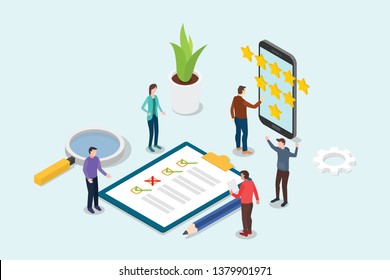 Isometric 3d Feedback Business Rating Star Concept With Team People And Checklist Clipboard - Vector Illustration