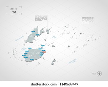 Isometric  3D Fiji map. Stylized vector map illustration with cities, borders, capital Suva , administrative divisions and pointer marks; gradient background with grid. 
