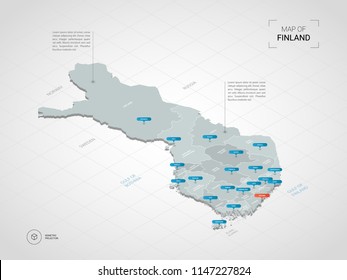 Isometric  3D Finland map. Stylized vector map illustration with cities, borders, capital Helsinki , administrative divisions and pointer marks; gradient background with grid. 
