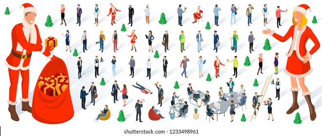 Isometric 3d flat design Christmas and New Year vector people set. Different characters, styles and professions, diverse acting poses collection. Varios poses, sitting, standing.