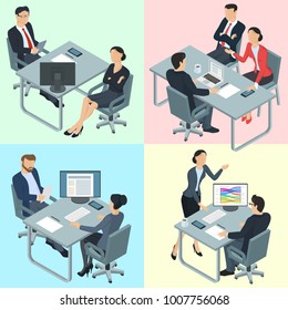 Isometric 3d flat design vector  office. Man and woman communicating to lawyer in the office.  Business discussion of legal, corporate spousal and property issues with consultant.