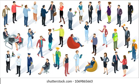 Isometric 3d flat design vector people set. Different characters, styles and professions, full length diverse acting poses collection. Varios poses, sitting, standing, handshaking.