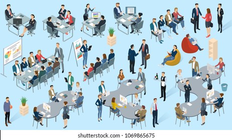Isometric 3d flat design vector  office. Standing and sitting business people diverse characters, styles and professions. Isometric acting man and woman  teamwork, front and back view collection