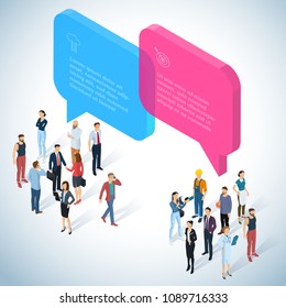 Isometric 3d flat design vector people communicating different characters, styles and professions. Isometric acting man teamwork in office  front and back view collection