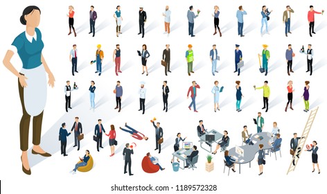Isometric 3d flat design vector people set. Different characters, styles and professions, full length diverse acting poses collection. Varios poses, sitting, standing, handshaking.