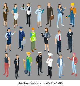 Isometric 3d flat design vector people different characters, styles and professions, full length diverse acting poses collection.