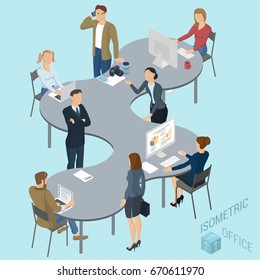 Isometric 3d flat design vector coworking   office. Standing and sitting business people different characters, styles and professions. Isometric acting man and woman  teamwork, front and back view 