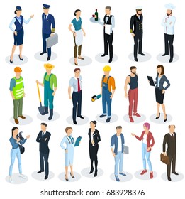 Isometric 3d flat design vector people different characters, styles and professions, full length diverse acting poses collection.