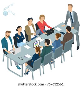 Isometric 3d flat design vector  office. Corporate briefing  teamwork brainstorming. Diverse characters and professions. Isometric acting man and woman  teamwork, front and back view collection