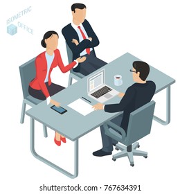 Isometric 3d flat design vector  office. Man and woman communicating to lawyer in the office.  Business discussion of legal, corporate spousal and property issues with consultant.