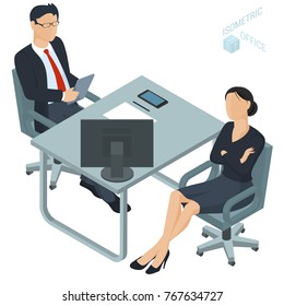 Isometric 3d flat design vector  office. Corporate teamwork  working business process. Man and woman communication illustration for infographics.