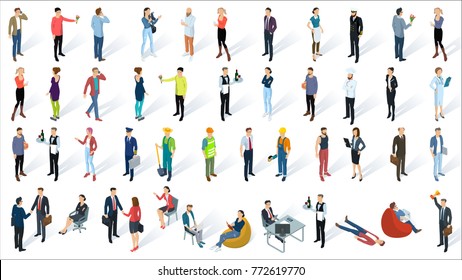 Isometric 3d flat design vector people set. Different characters, styles and professions, full length diverse acting poses collection. Varios poses, sitting, standing, handshaking.