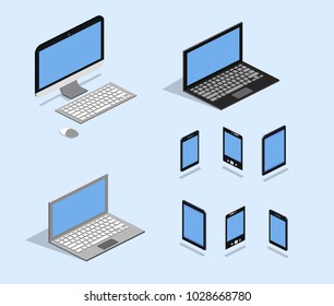 Isometric 3D flat illustration concept collection of technology. Laptop, computer, smartphone, tablet and bookreader