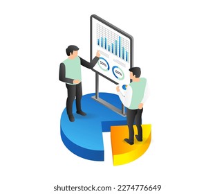 Isometric 3d concepto de ilustración plana de dos hombres que han discutido el desarrollo de la cooperación empresarial