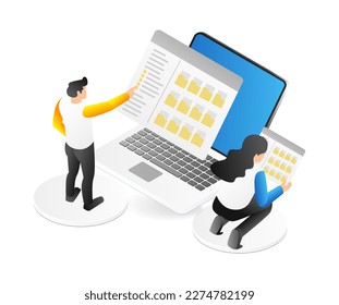 Isometric 3d flat illustration concept of two people selecting a folder on the computer