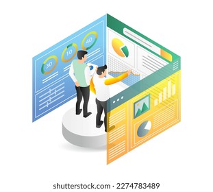 Isometric 3d concepto de ilustración plana de dos hombres analizando datos