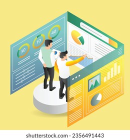Isometric 3d concepto de ilustración plana de dos hombres analizando datos