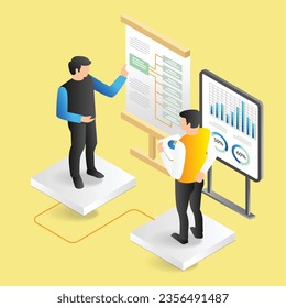 Isometric 3d flat illustration concept of two men composing business growth branches