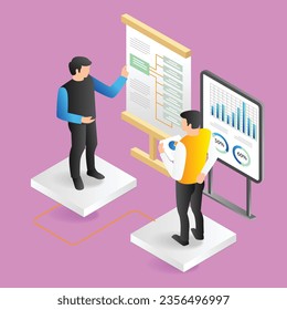 Isometric 3d concepto de ilustración plana de dos hombres que componen ramas de crecimiento de empresas