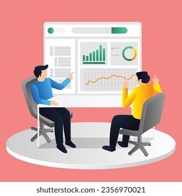 Isometric 3d concepto de ilustración plana de equipo está analizando los datos de cooperación empresarial