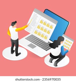 Isometric 3d flat illustration concept of two people selecting a folder on the computer