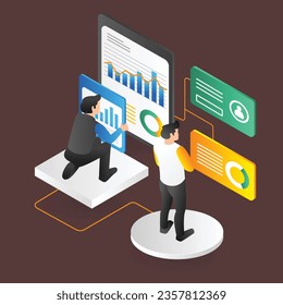 Isometric 3d flat illustration concept of two men compiling business analysis data