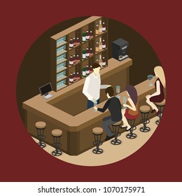 Isometric 3D flat interior of bar or pub. The chairs stand around the bar. alcoholic drinks on the shelves